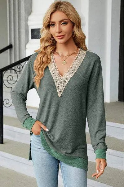 Slit V-Neck Long Sleeve T-Shirt Moss Women's T-Shirts - Tophatter Daily Deals